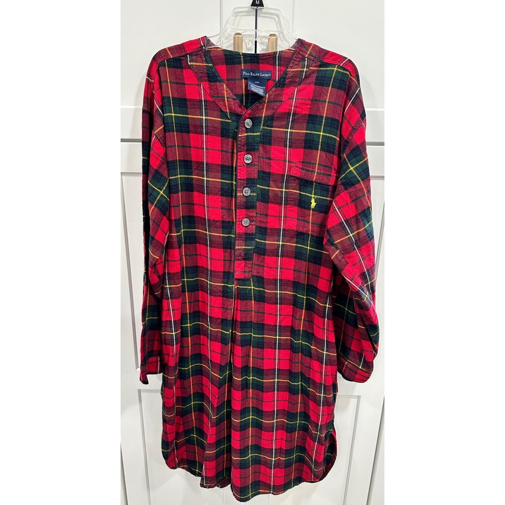Polo Ralph Lauren Mens‎ Red Plaid Flannel Nightshirt Sleepwear Cotton Large L
